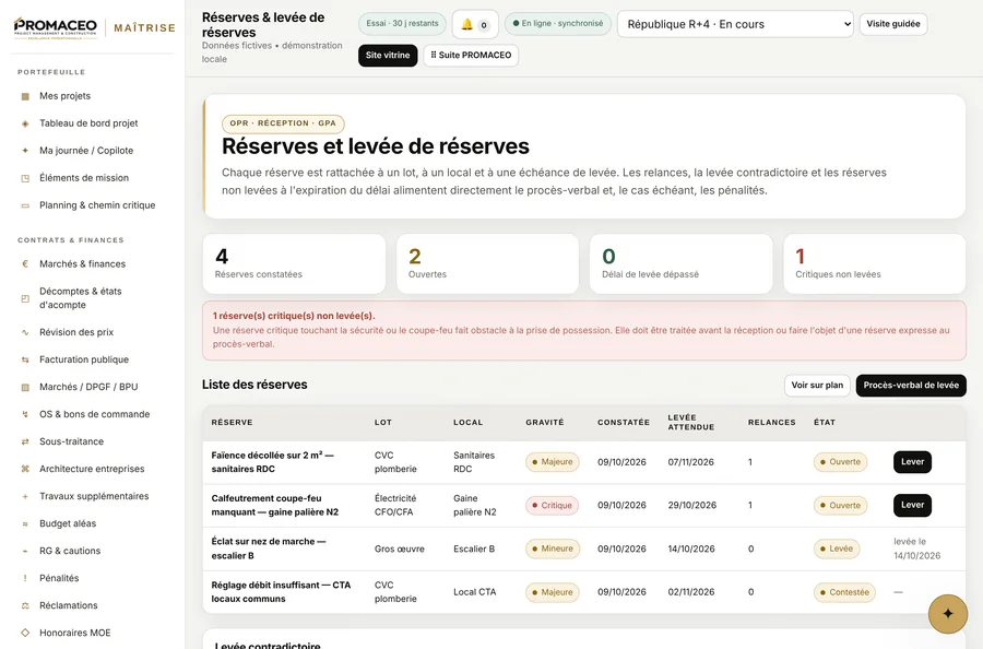 PROMACEO Maîtrise — Réserves localisées, levées de façon contradictoire
