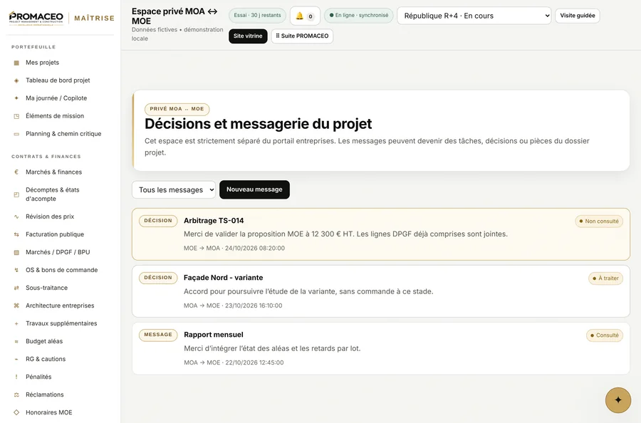 PROMACEO Maîtrise — L'espace maître d'ouvrage, séparé des entreprises
