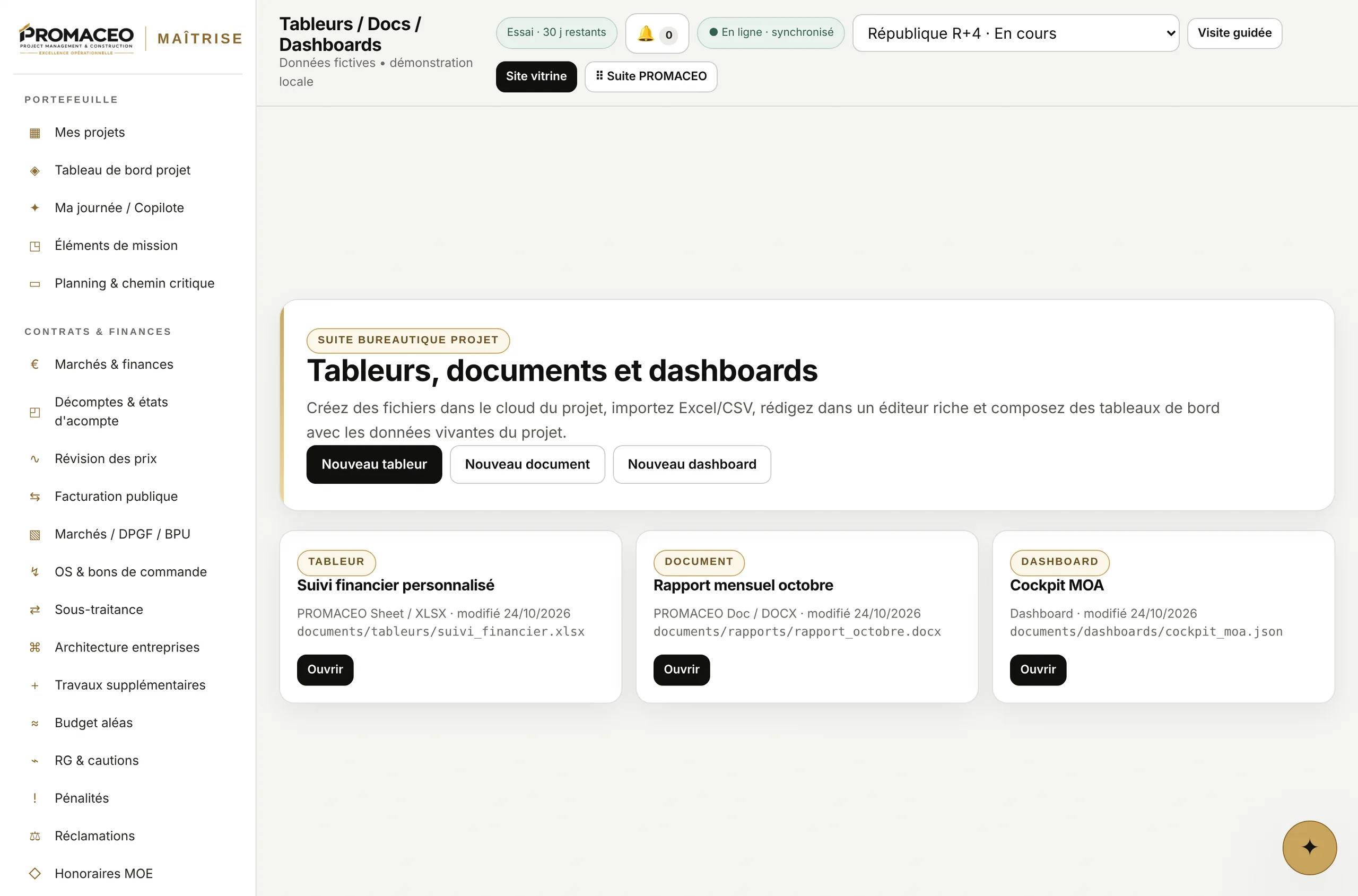 PROMACEO Maîtrise — tableurs, documents et tableaux de bord du projet