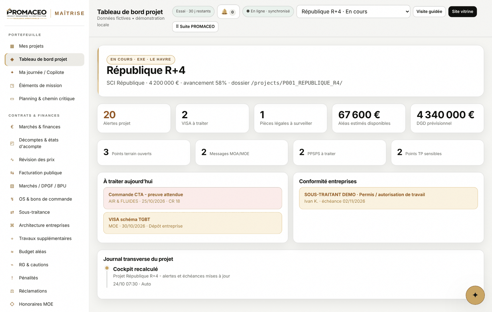 Tableau de bord projet de PROMACEO MAÎTRISE