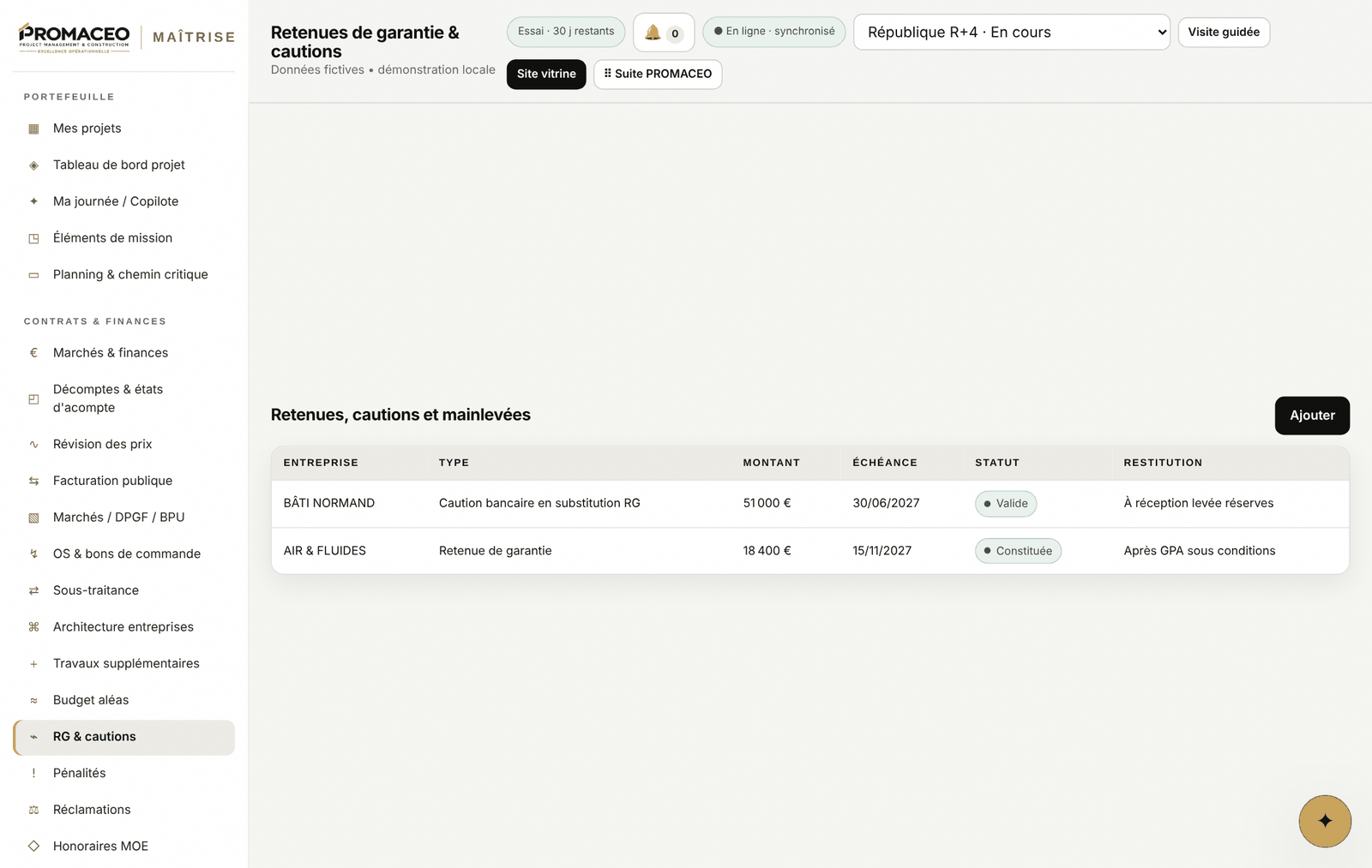 Suivi des retenues de garantie et des cautions